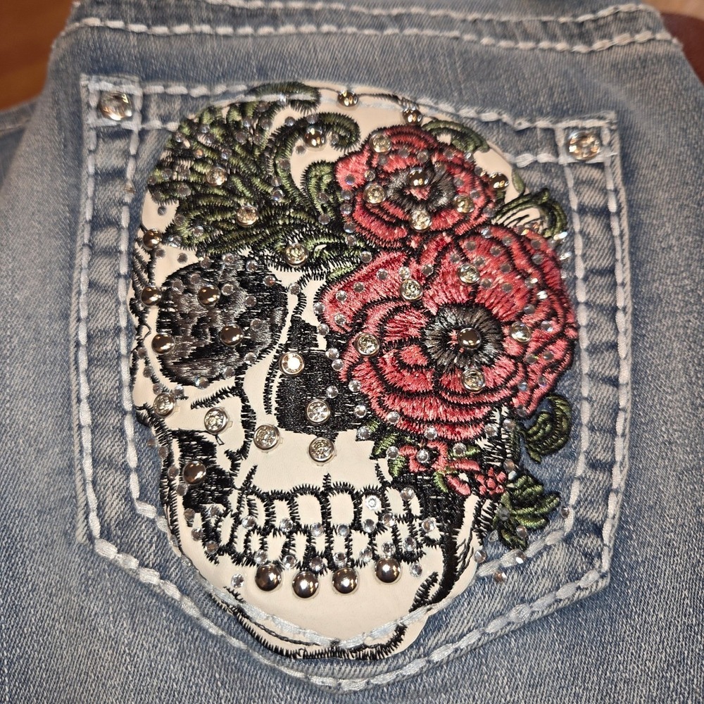 SKY Floral Sugar Skull Flare Jeans Size‎ 9/29 NWT Embroidered Rhinestone Blue
